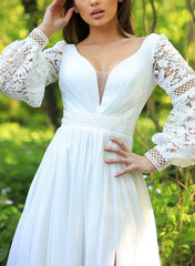 Sweep Train Chiffon/Lace Wedding Dress with A Line V Neck and Long Sleeves