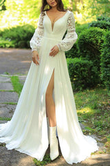 Sweep Train Chiffon/Lace Wedding Dress with A Line V Neck and Long Sleeves