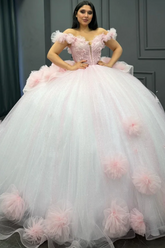 Sweet Ball Gown Off Shoulder Sleeveless Pleated Beaded Flowers Glitter Baby Pink Tulle Quinceanera Dress Forml Evening Dress Birthday Party Dress For Sweet 16