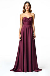 Sweetheart A Line Burgundy Wedding Guest Dress Long Ruched Formal Dress