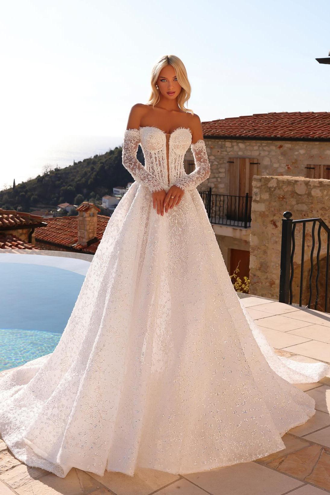 Sweetheart A Line Wedding Dress Beaded Lace Appliqued Bridal Gown with Gloves