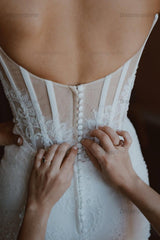 Sweetheart Beach Wedding Dress Mermaid Corset Lace Panel Train Bridal Gown
