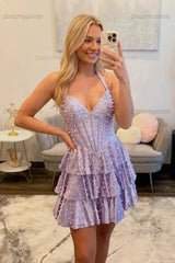 Sweetheart Beaded Corset Satin Short Homecoming Dresses with Slit