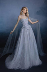 Sweetheart Corset Evening Dress A Line Grey Tulle Prom Dress with Beadings and Rhinestones