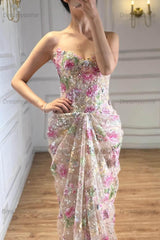 Sweetheart Floral Prom Dress Mermaid Tulle Lace Up Back Formal Gown