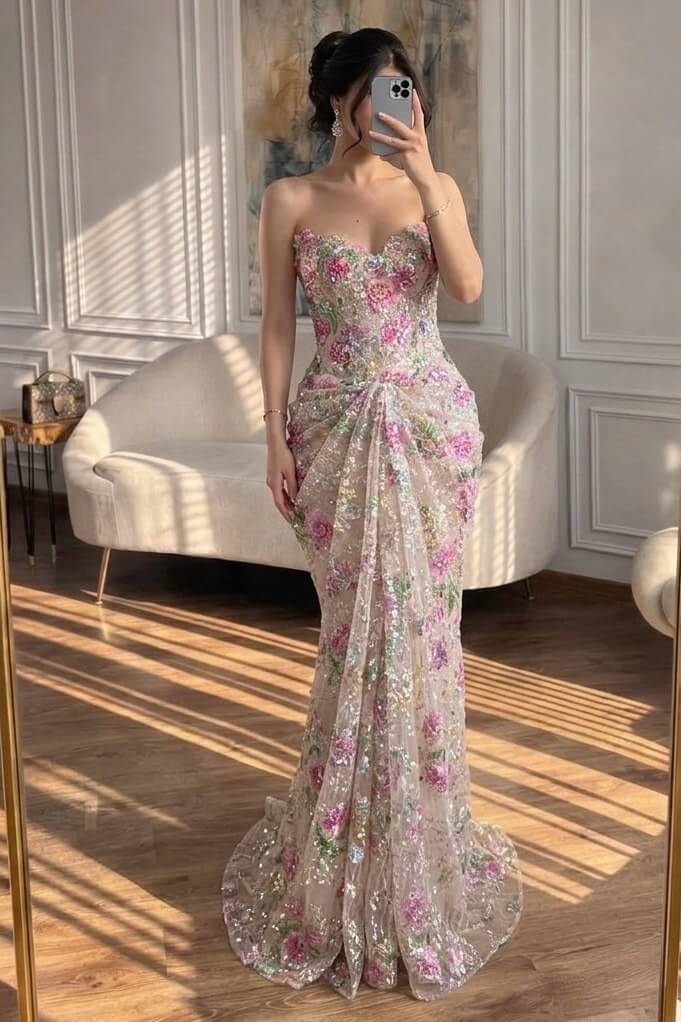 Sweetheart Floral Prom Dress Mermaid Tulle Lace Up Back Formal Gown