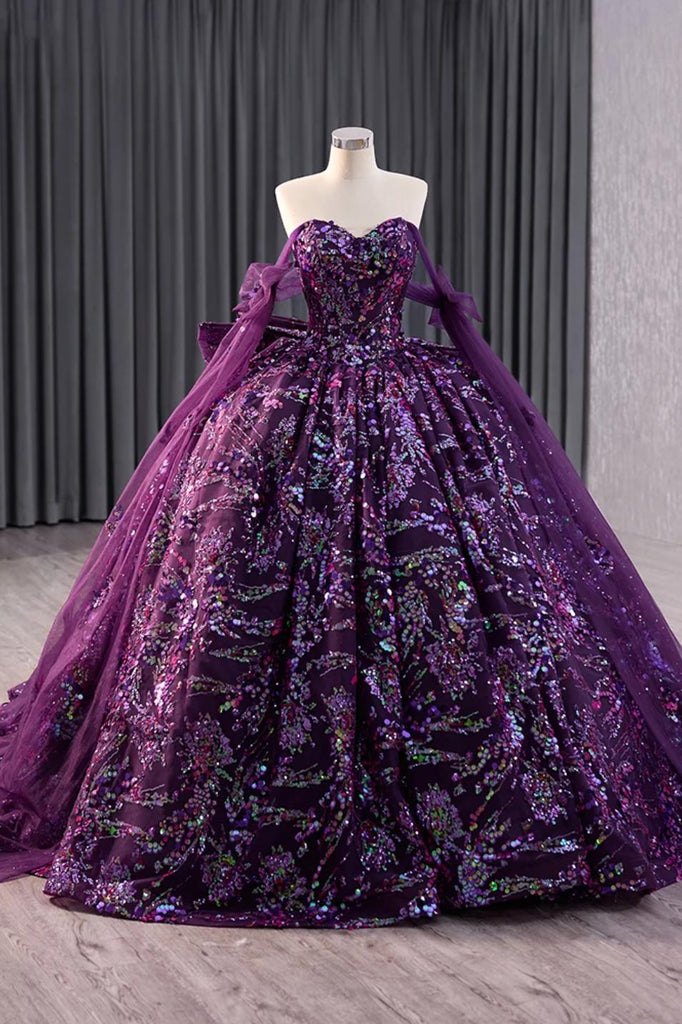 Retro Purple Strapless Satin Tulle Pleated Quinceanera Dress Sweet 16 Dress With 3D Flowers SP663