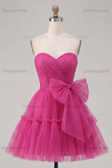 Fuchsia Sweetheart Ruched A-Line Short Homecoming Dress with Bow