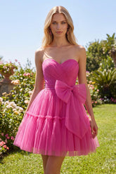 Sweetheart Fuchsia A Line Ruched Short Homecoming Dress with Bow