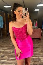 Sweetheart Fuchsia Homecoming Dress Corset Short Tight Cocktail Party Dresses With Sequin