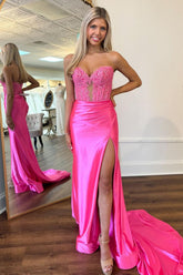 Sweetheart Fuchsia Prom Dress Mermaid Corset Long Evening Dress with Slit