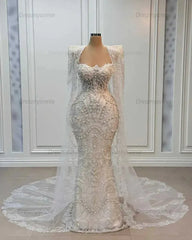 Sweetheart Ivory Mermaid Wedding Dress Beaded Floor Length Bridal Dress with Cape