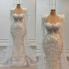 Sweetheart Ivory Mermaid Wedding Dress Beaded Floor Length Bridal Dress with Cape