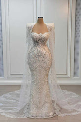 Sweetheart Ivory Mermaid Wedding Dress Beaded Floor Length Bridal Dress with Cape