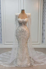 Sweetheart Ivory Mermaid Wedding Dress Beaded Floor Length Bridal Dress with Cape