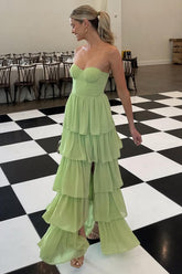 Sweetheart Light Green Layered Ruffle Evening Dress With Slit Formal Evening Gown
