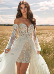 Sweetheart Long Sleeves Lace Wedding Dress With Detachable Train