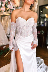 Sweetheart Long Sleeves Satin Wedding Dress With Split Front