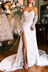 Sweetheart Long Sleeves Satin Wedding Dress With Split Front