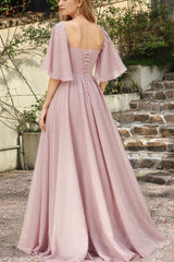 Sweetheart Neck Chiffon Bridesmaid Dress Batwing Sleeves Wedding Guest Dress with Slit