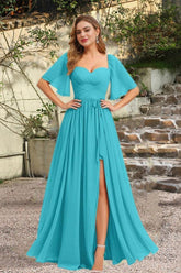 Sweetheart Neck Chiffon Bridesmaid Dress Batwing Sleeves Wedding Guest Dress with Slit