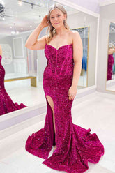 Sweetheart Neck Fuchsia Prom Dress Sequined Mermaid Evening Dress With Sweep Train