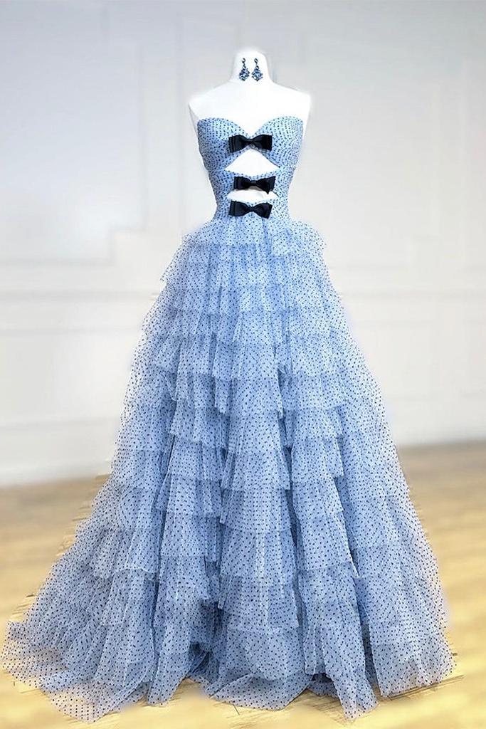 Sweetheart Neck Prom Dress Tulle Blue Long Formal Evening Dress