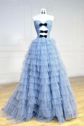 Sweetheart Neck Prom Dress Tulle Blue Long Formal Evening Dress