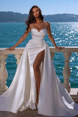 Sweetheart Neckline Sweep Train Satin Panel Train Wedding Dress With Front Split