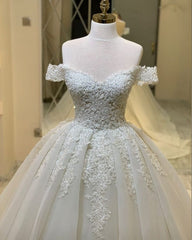 Sweetheart Off the Shoulder A Line Wedding Dress with Ruffles and Lace Appliques
