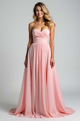 Sweetheart Ruched A Line Pink Wedding Guest Dress Long Formal Dress
