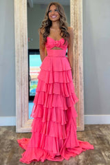 Pink Sweetheart Tiered Long Prom Dress with Slit