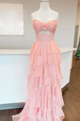 Pink Sweetheart Tiered Long Prom Dress with Slit
