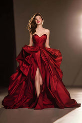 Sweetheart satin ball gown prom dress with ruffle high slit, front view in red