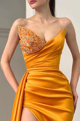 Sweetheart Satin Yellow Beaded Long High Split Mermaid Prom Dress With Panel Train
