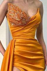 Sweetheart Satin Yellow Beaded Long High Split Mermaid Prom Dress With Panel Train