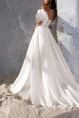 Sweetheart Short Sleeves Court Train Organza Wedding Dress with Split Front