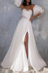 Sweetheart Short Sleeves Court Train Organza Wedding Dress with Split Front