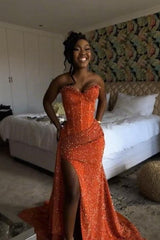 Orange Mermaid Prom Dress Sleeveless Sweetheart Sequined Formal Dress