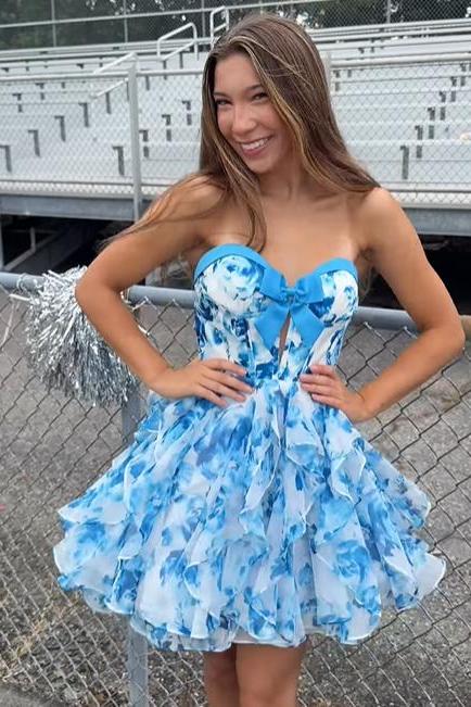 Sweetheart Strapless A-Line Short Floral Homecoming Dress