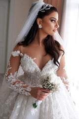 Sweetheart Wedding Dress Floor Length Sleeve Beaded Tulle Ball Gown Bridal Gown With Appliques
