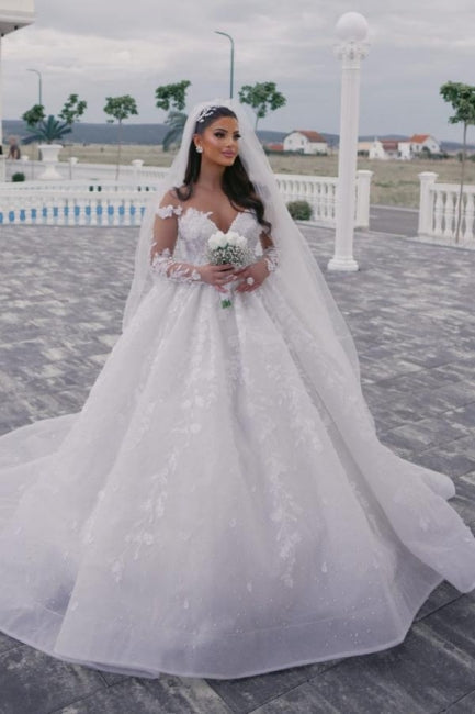 Sweetheart Wedding Dress Floor Length Sleeve Beaded Tulle Ball Gown Bridal Gown With Appliques