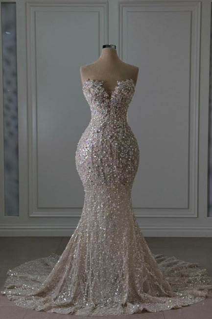Sweetheart Wedding Dress Long Mermaid Sleeveless Beaded Lace Bridal Gown