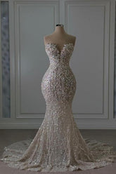 Sweetheart Wedding Dress Mermaid Sleeveless Beaded Lace Bridal Gown