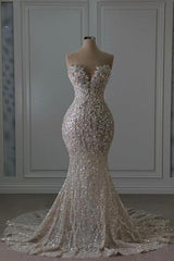 Sweetheart Wedding Dress Mermaid Sleeveless Beaded Lace Bridal Gown
