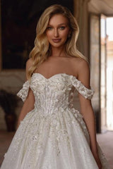 Sweetheart Wedding Dress Off The Shoulder Sequined Lace Ball Gown Bridal Gown with Handmake Flowers