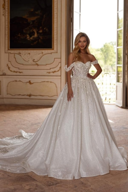 Sweetheart Wedding Dress Off The Shoulder Sequined Lace Ball Gown Bridal Gown with Handmake Flowers