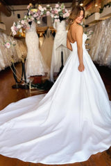 Sweetheart White Wedding Dress Strapless A Line Satin Bridal Gown With Pockets