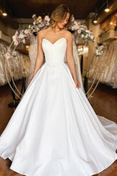 Sweetheart White Wedding Dress Strapless A Line Satin Bridal Gown With Pockets