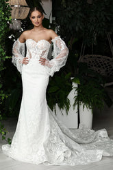 Sweetheart Beach Wedding Dress Long Sleeve Lace Appliques Mermaid Bridal Gown